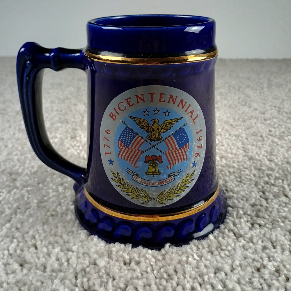 Vintage 1976 US Bicentennial Woodcliff Lake Fire Dept Cobalt Blue Beer Stein Mug